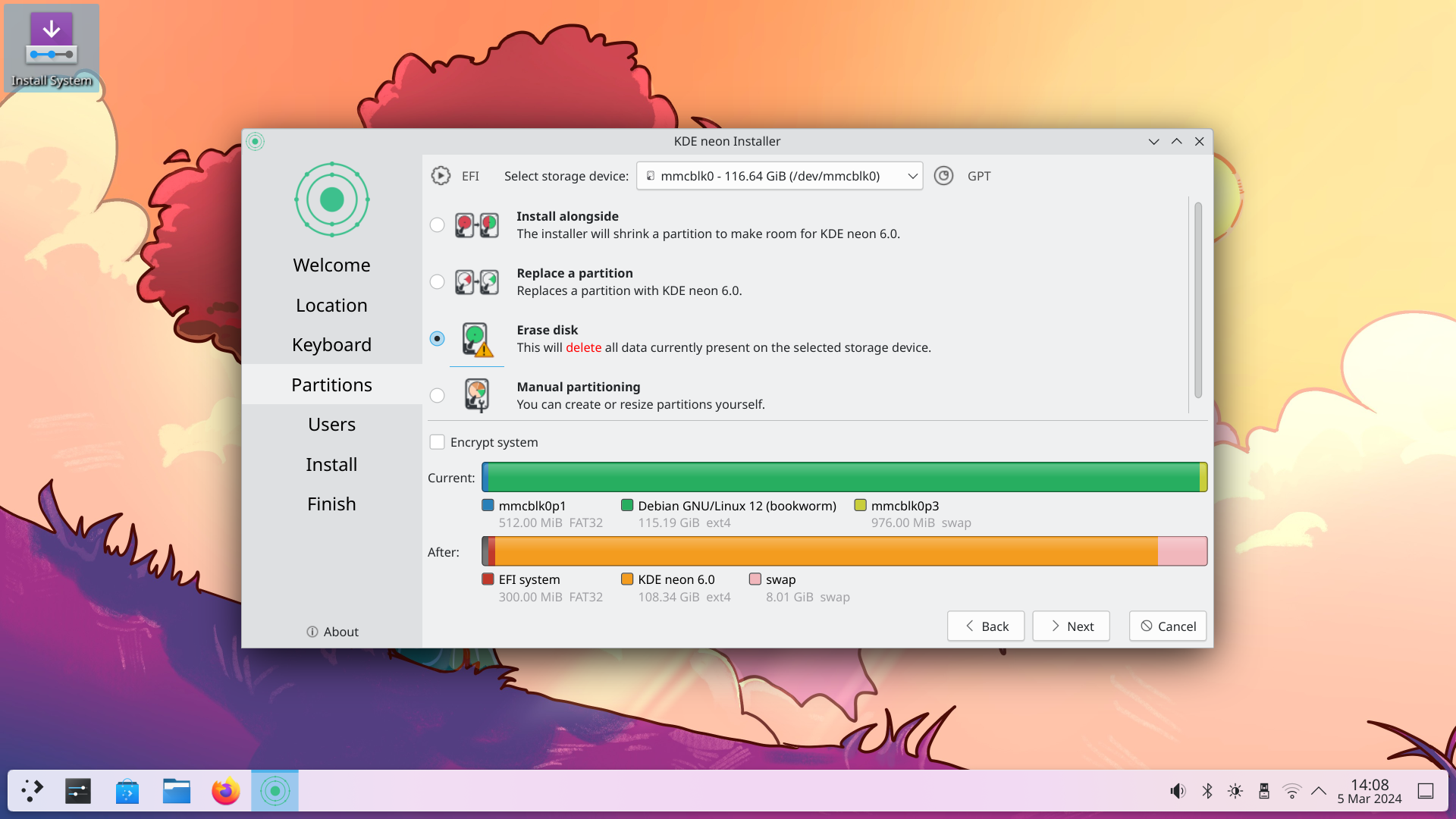 KDE neon desktop screenshot: 20240304 calamares installer partitioning screen