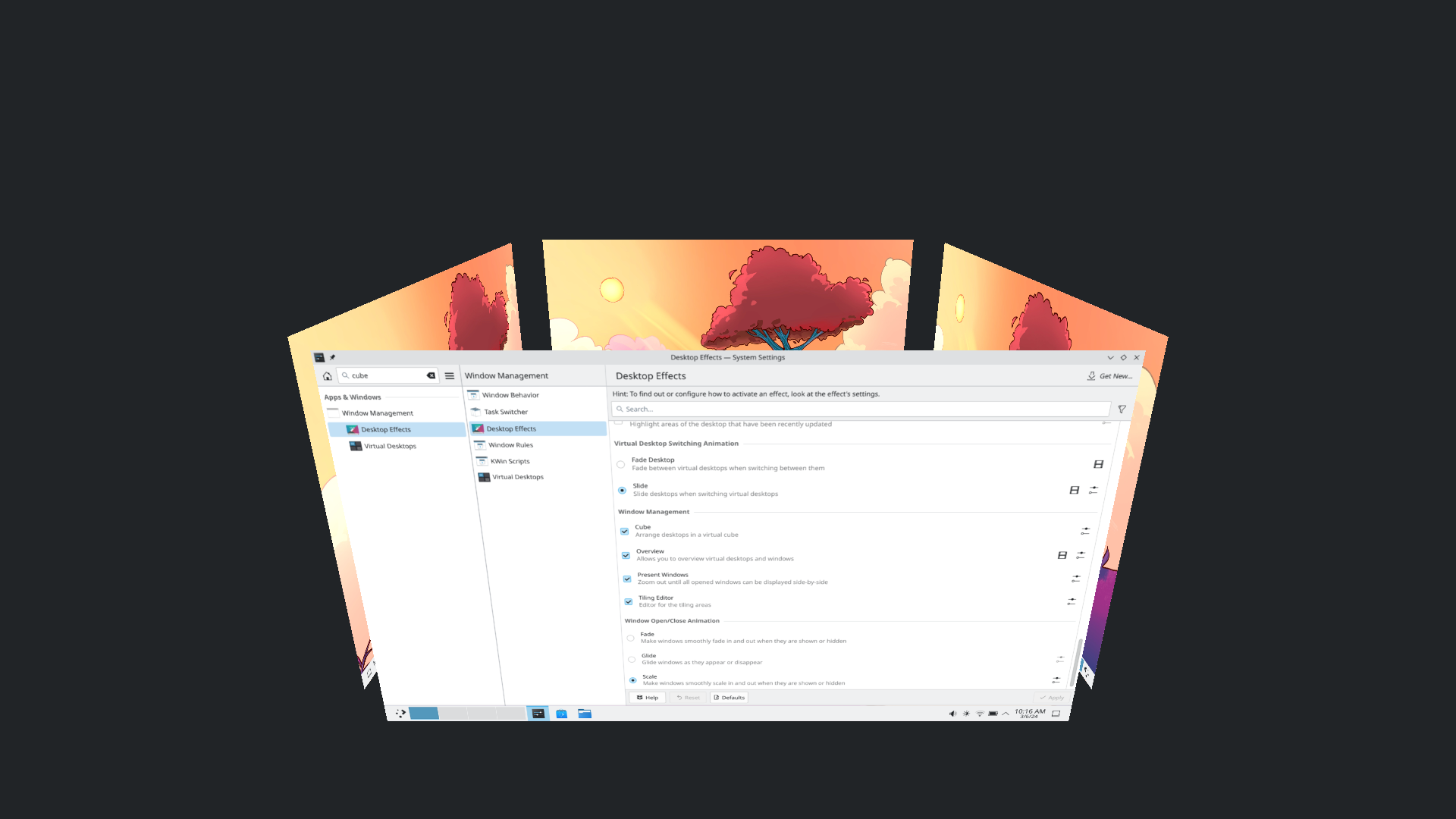 KDE neon desktop screenshot: 20240304 desktop cube effect