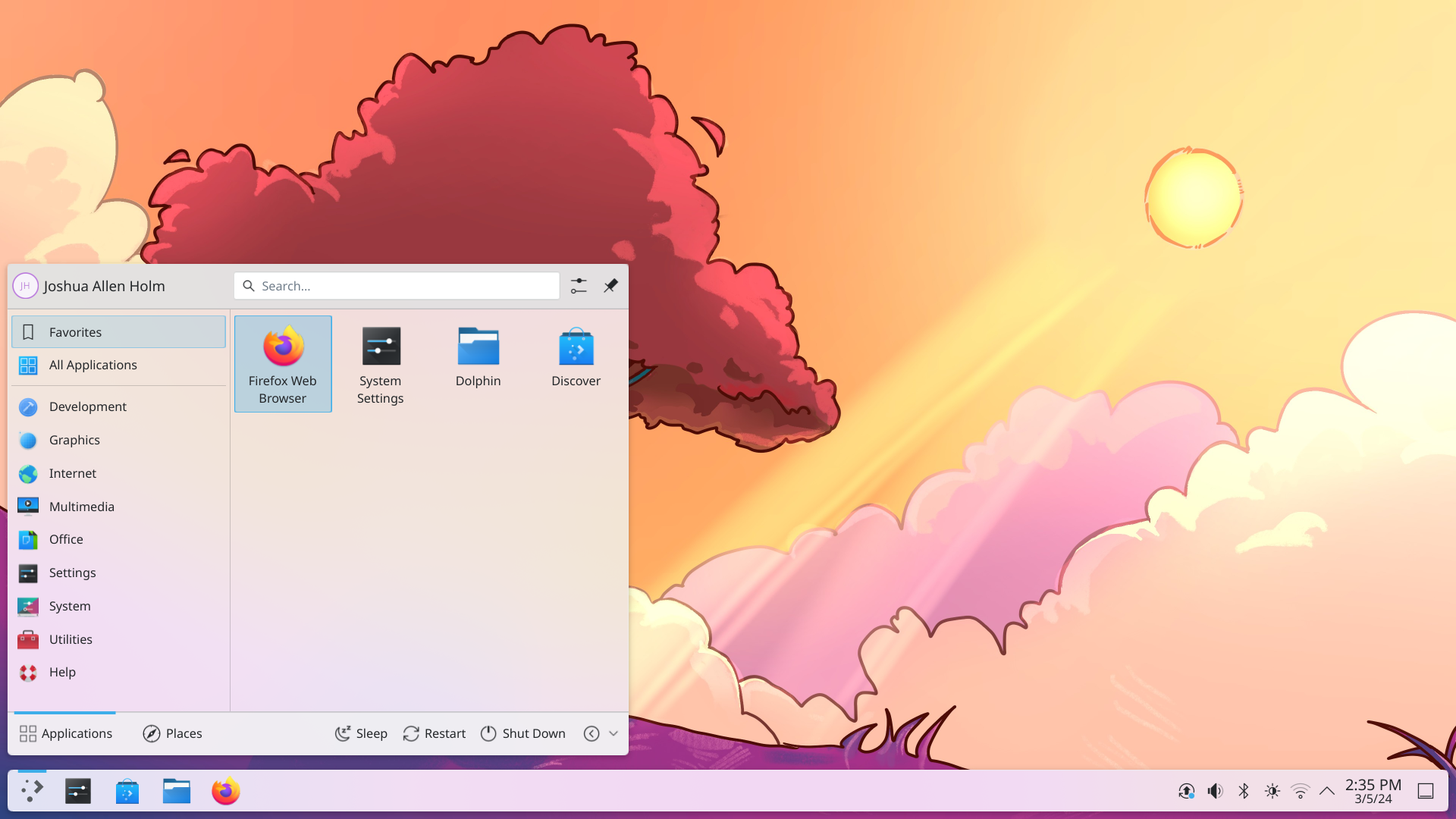 KDE neon desktop screenshot: 20240304 kde plasma 6 desktop with application menu
