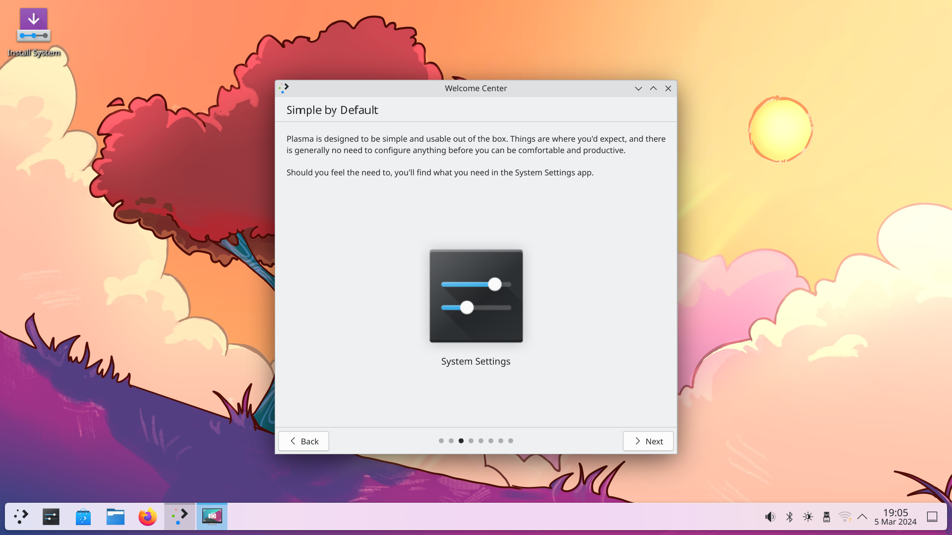 KDE neon desktop screenshot: 20240304 live desktop with welcome center