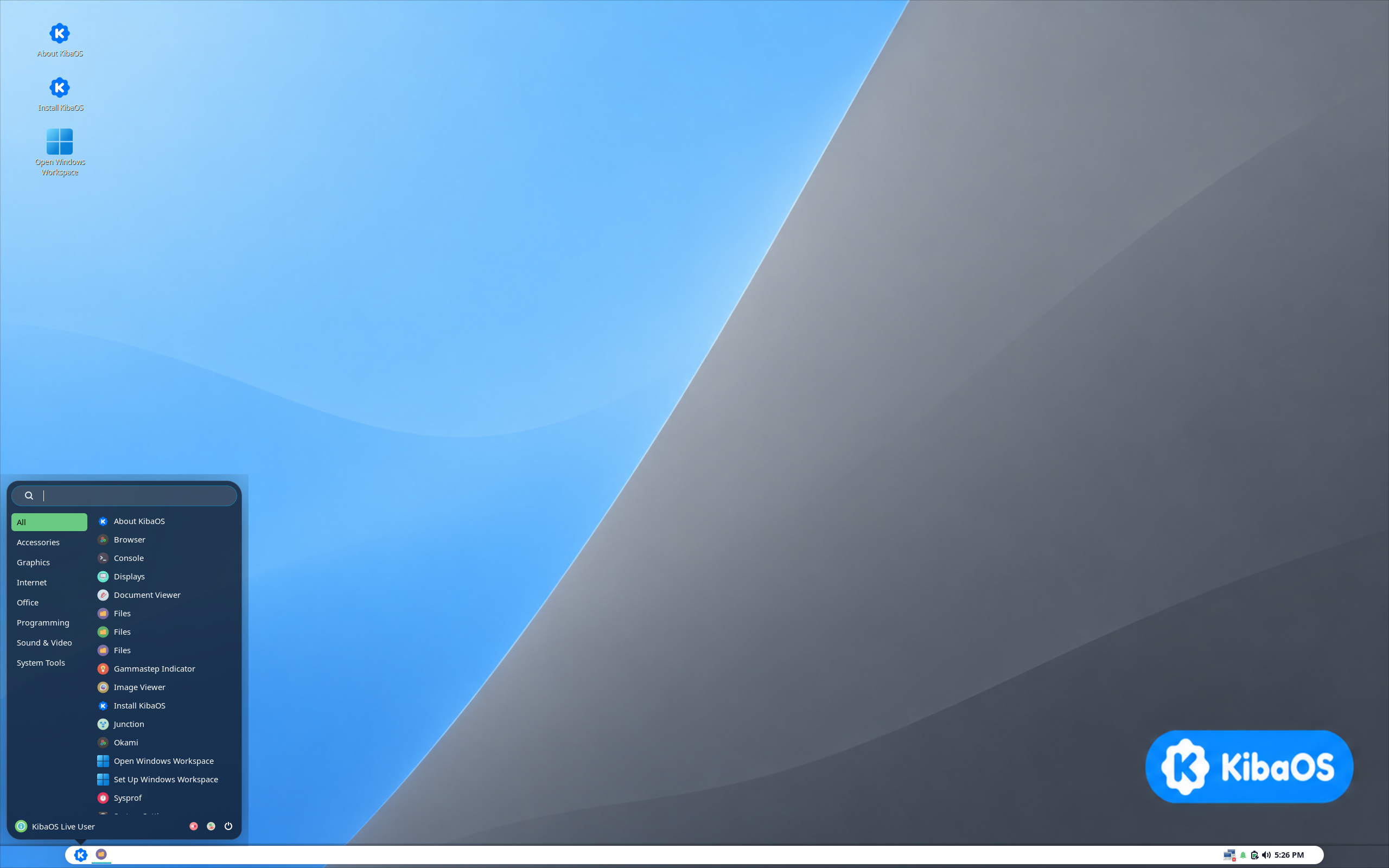 KibaOS desktop screenshot: 457 budgie