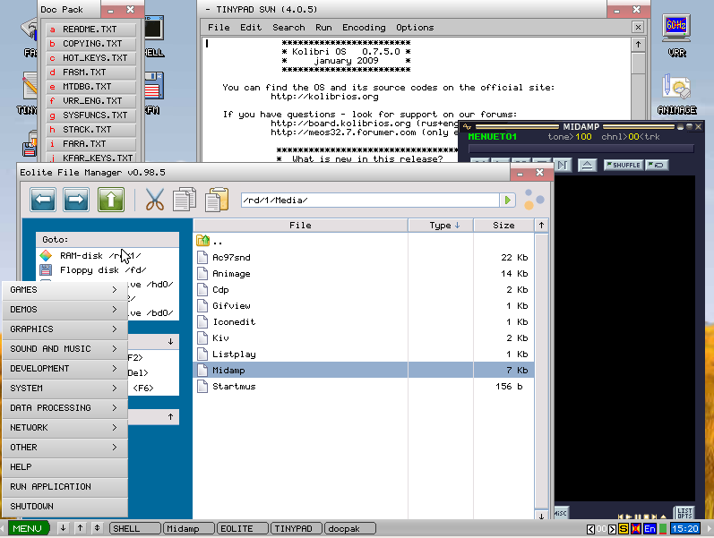KolibriOS desktop screenshot: 0.7.5 apps and menu