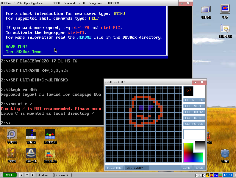 KolibriOS desktop screenshot: 0.7.5 dosbox