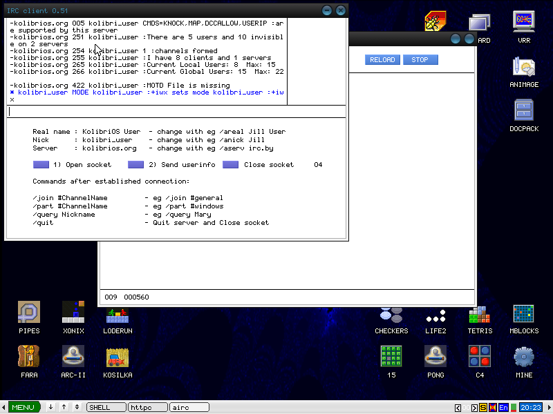 KolibriOS desktop screenshot: 0.7.5 irc chat