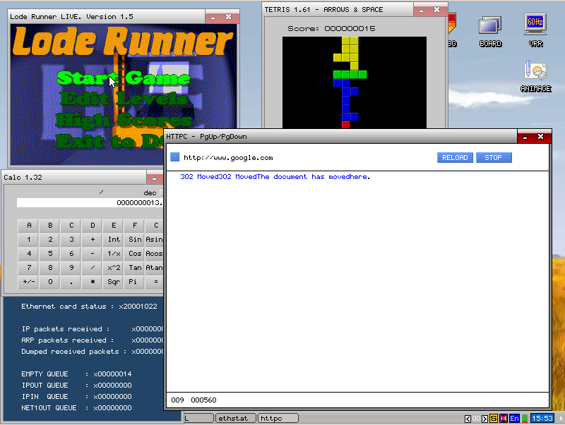 KolibriOS desktop screenshot: 0.7.5 net and games