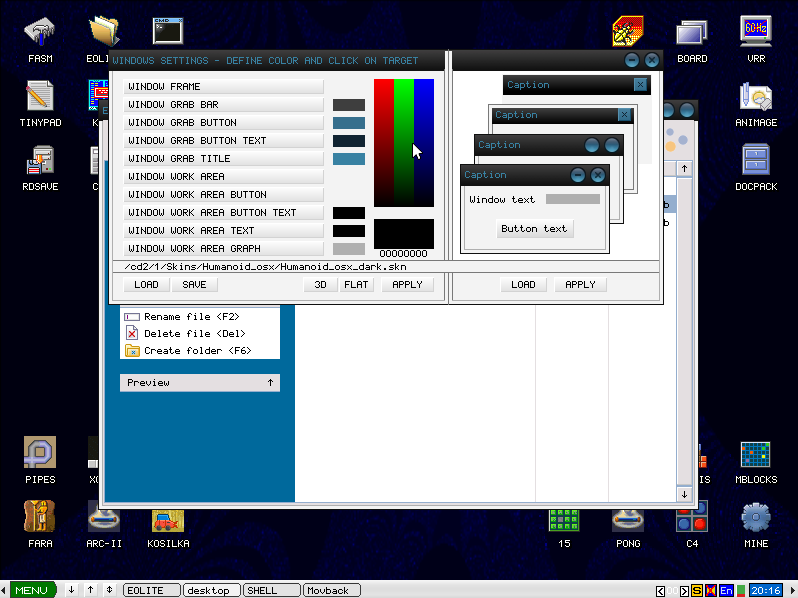 KolibriOS desktop screenshot: 0.7.5 themes