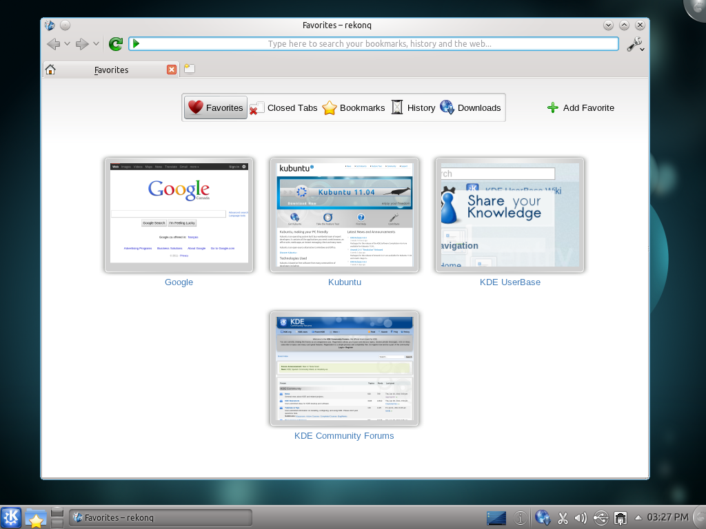 Kubuntu desktop screenshot: 11.04 rekonq