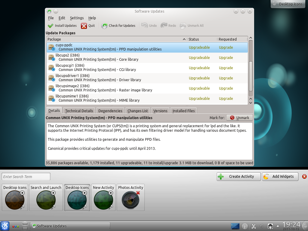 Kubuntu desktop screenshot: 11.10 activities