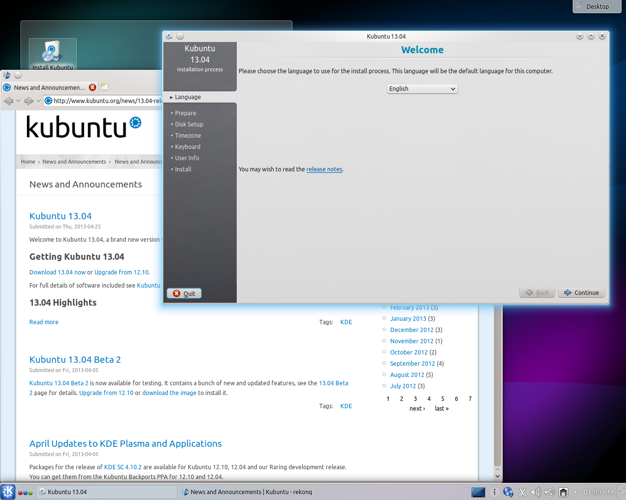 Kubuntu desktop screenshot: 13.04 installer