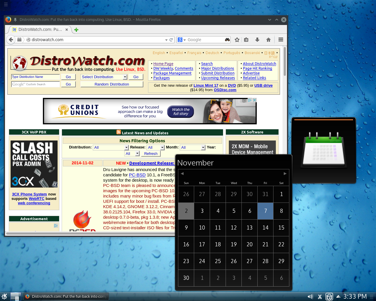 Kubuntu desktop screenshot: 14.10 calendar