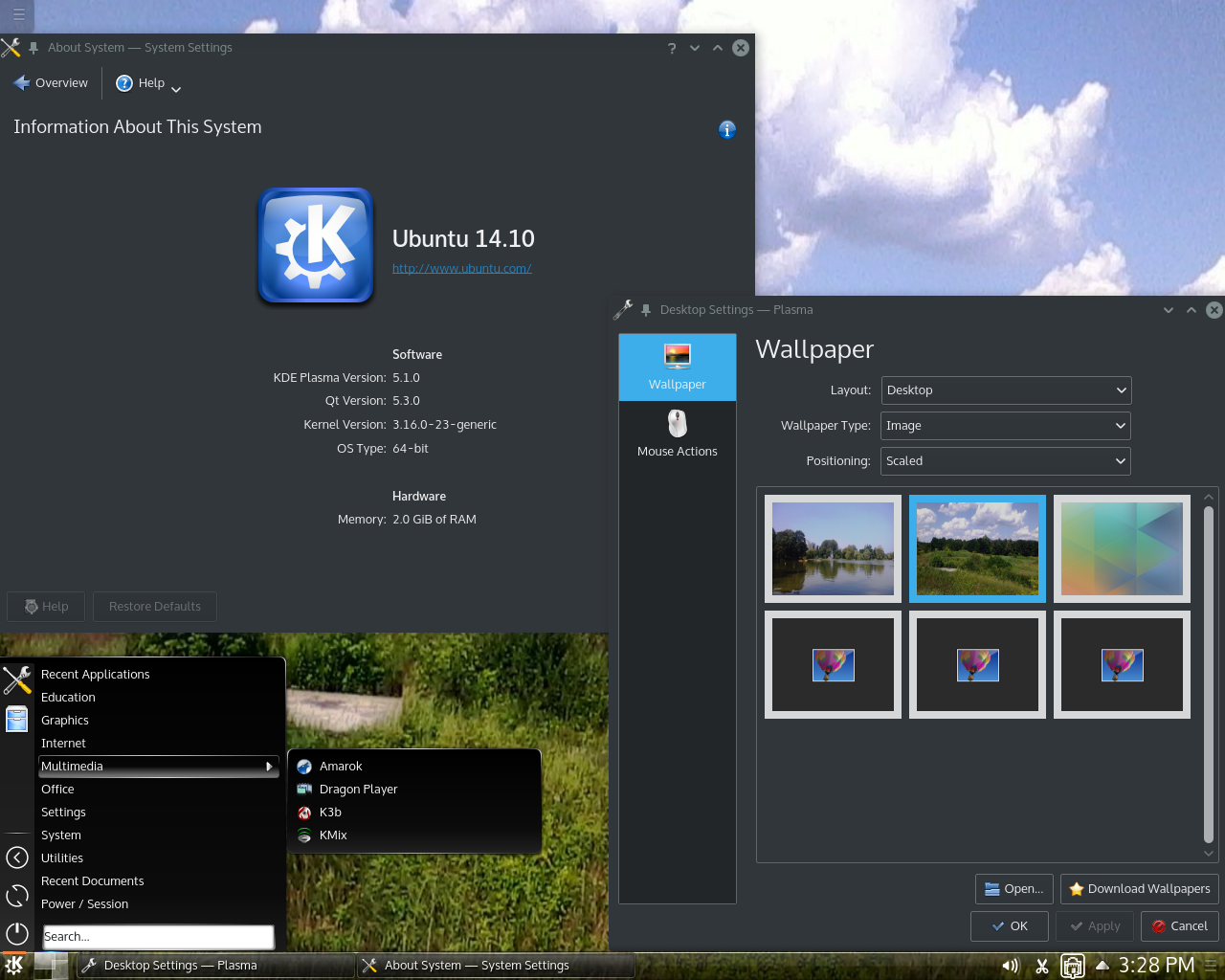 Kubuntu desktop screenshot: 14.10 dark theme
