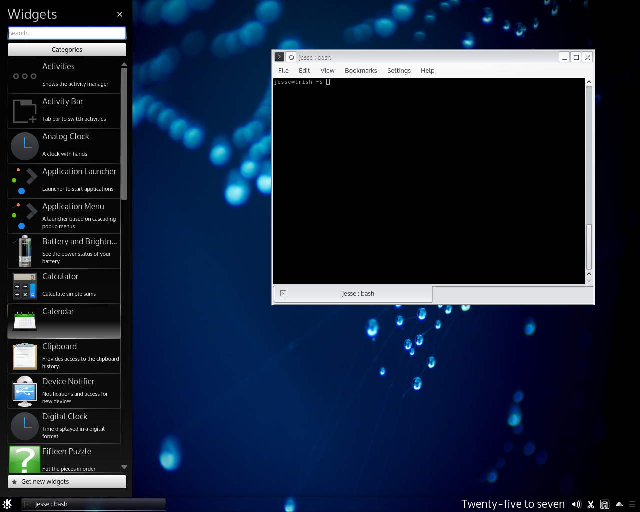 Kubuntu desktop screenshot: 15.04 widget menu