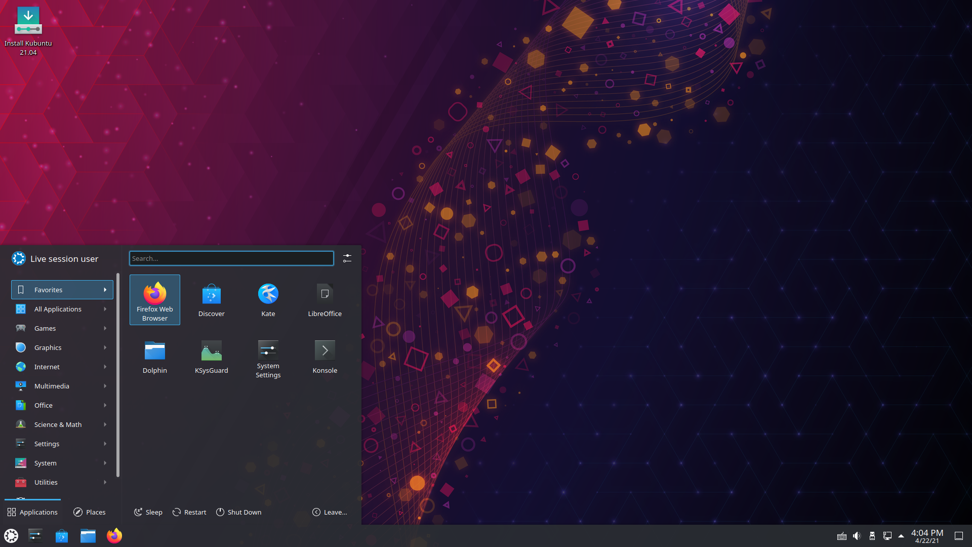 Kubuntu desktop screenshot: 21.04