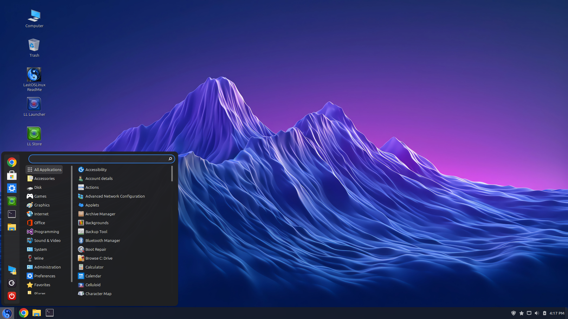 LastOSLinux desktop screenshot: 2025 05 25 menu
