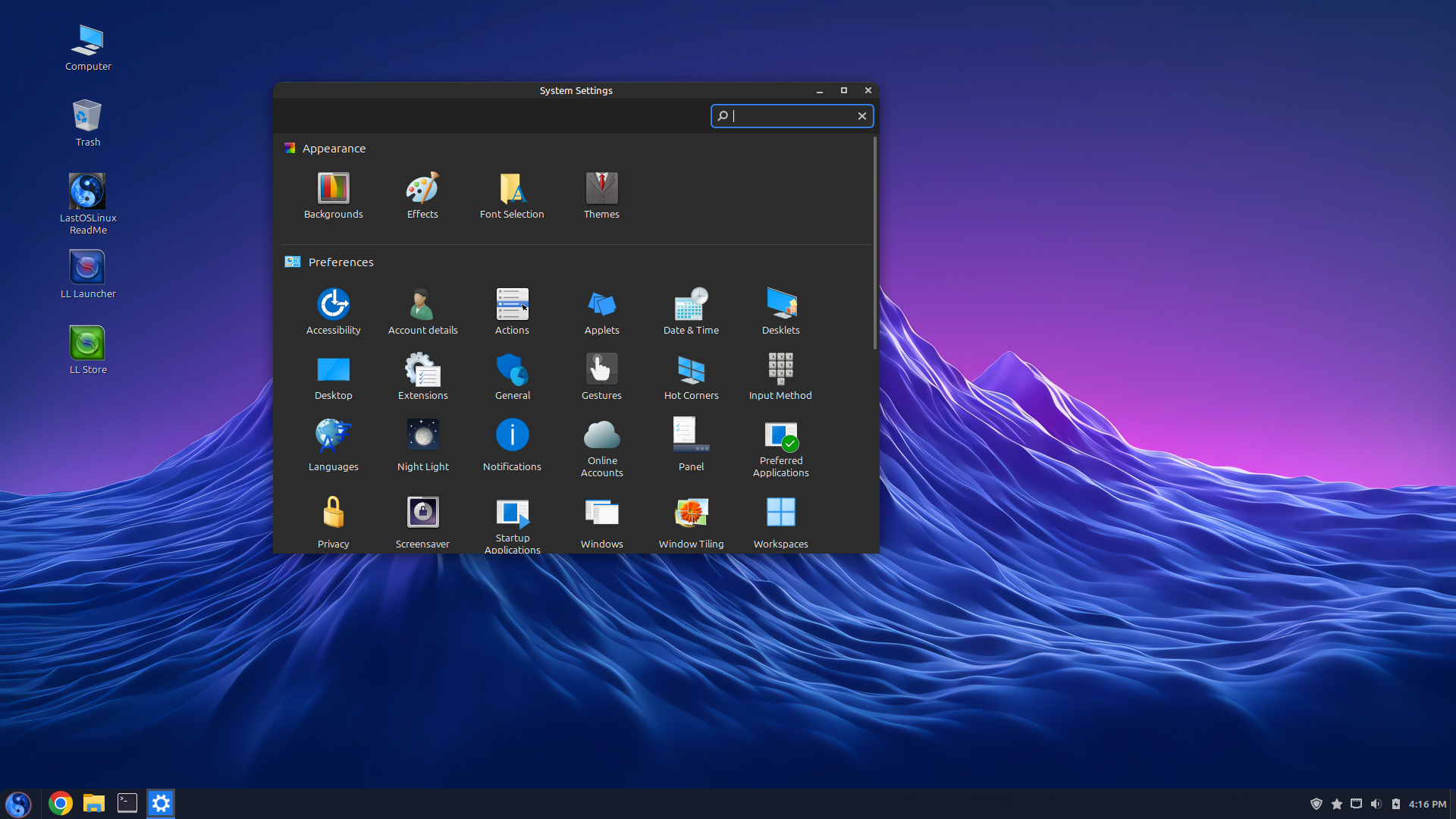 LastOSLinux desktop screenshot: 2025 05 25 settings