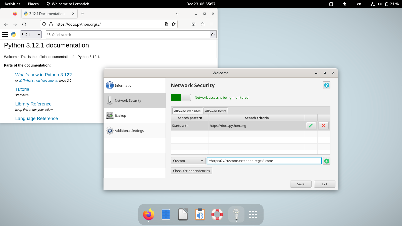 Lernstick desktop screenshot: 12 exam firewall