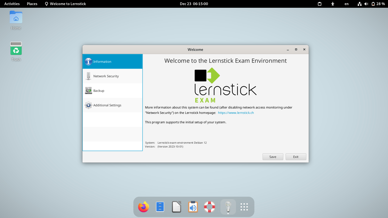 Lernstick desktop screenshot: 12 exam welcome