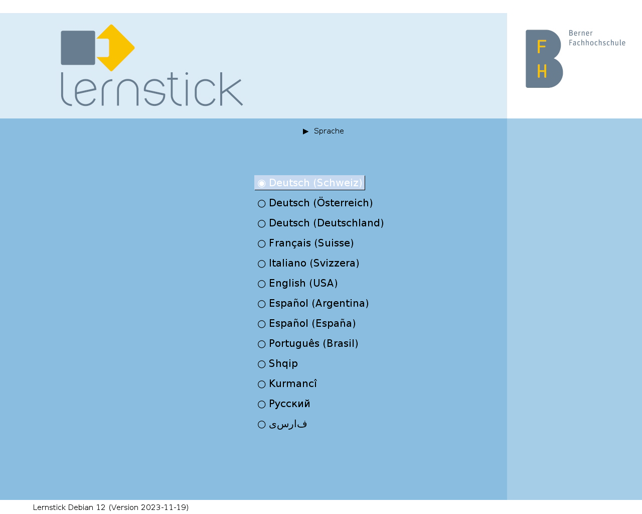 Lernstick desktop screenshot: 12 legacy gfxboot languages