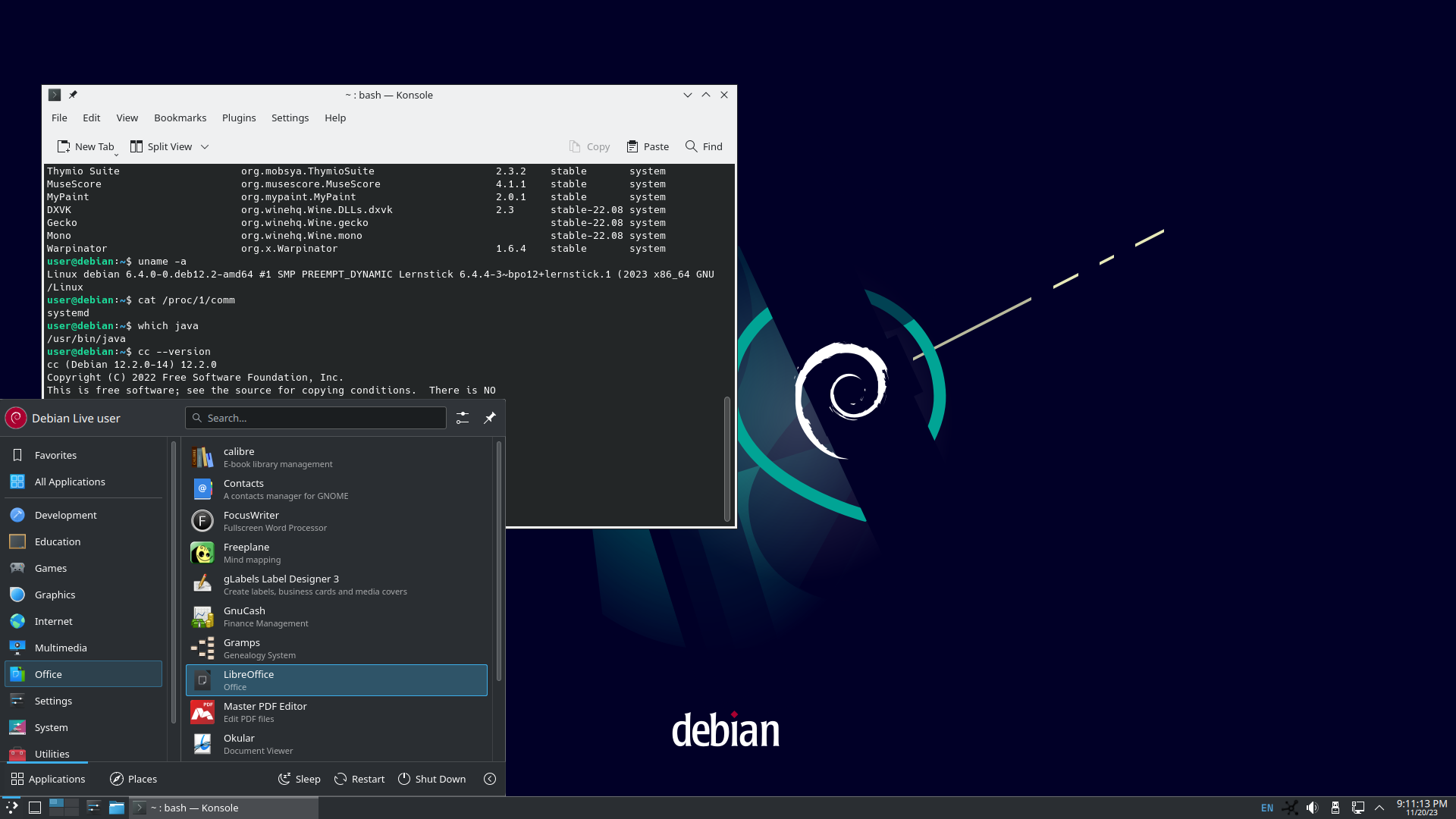 Lernstick desktop screenshot: 12 menu