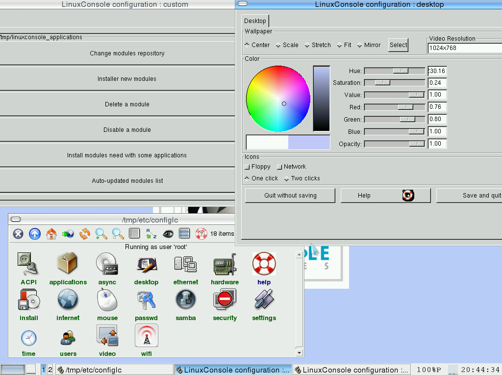 LinuxConsole desktop screenshot: 1.0.2009 configure