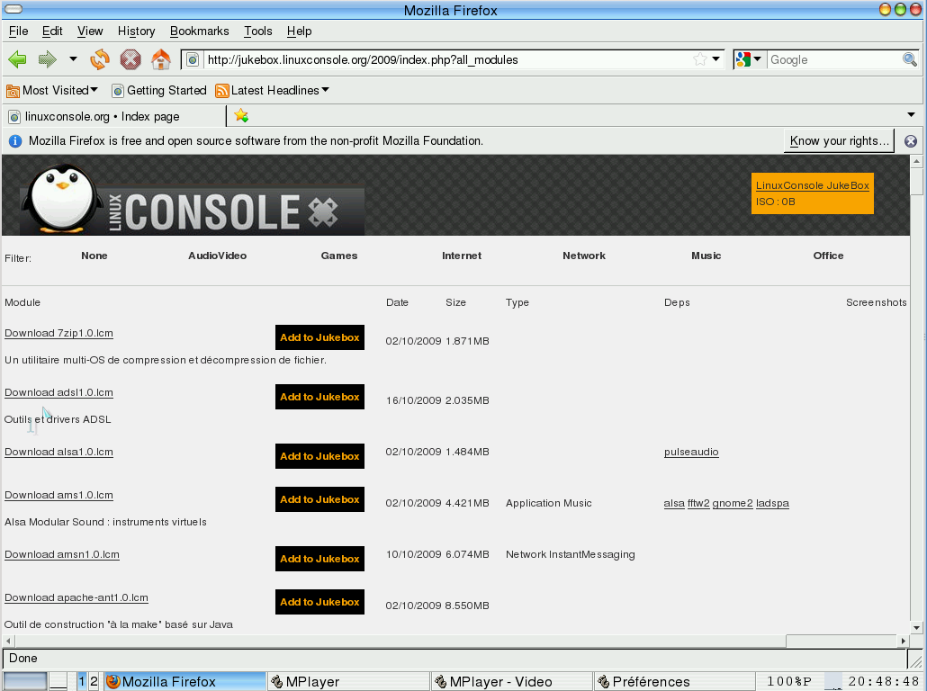 LinuxConsole desktop screenshot: 1.0.2009 modules