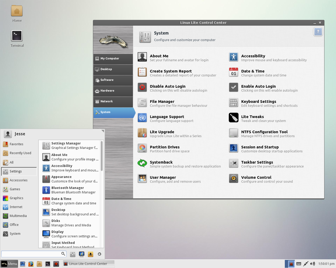 Lite desktop screenshot: 2.6 control centre