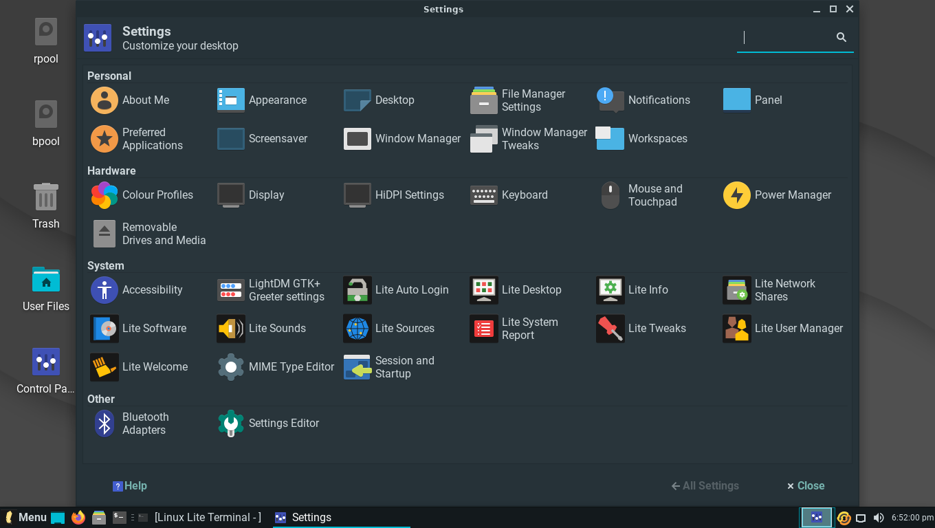 Lite desktop screenshot: 5.0 settings