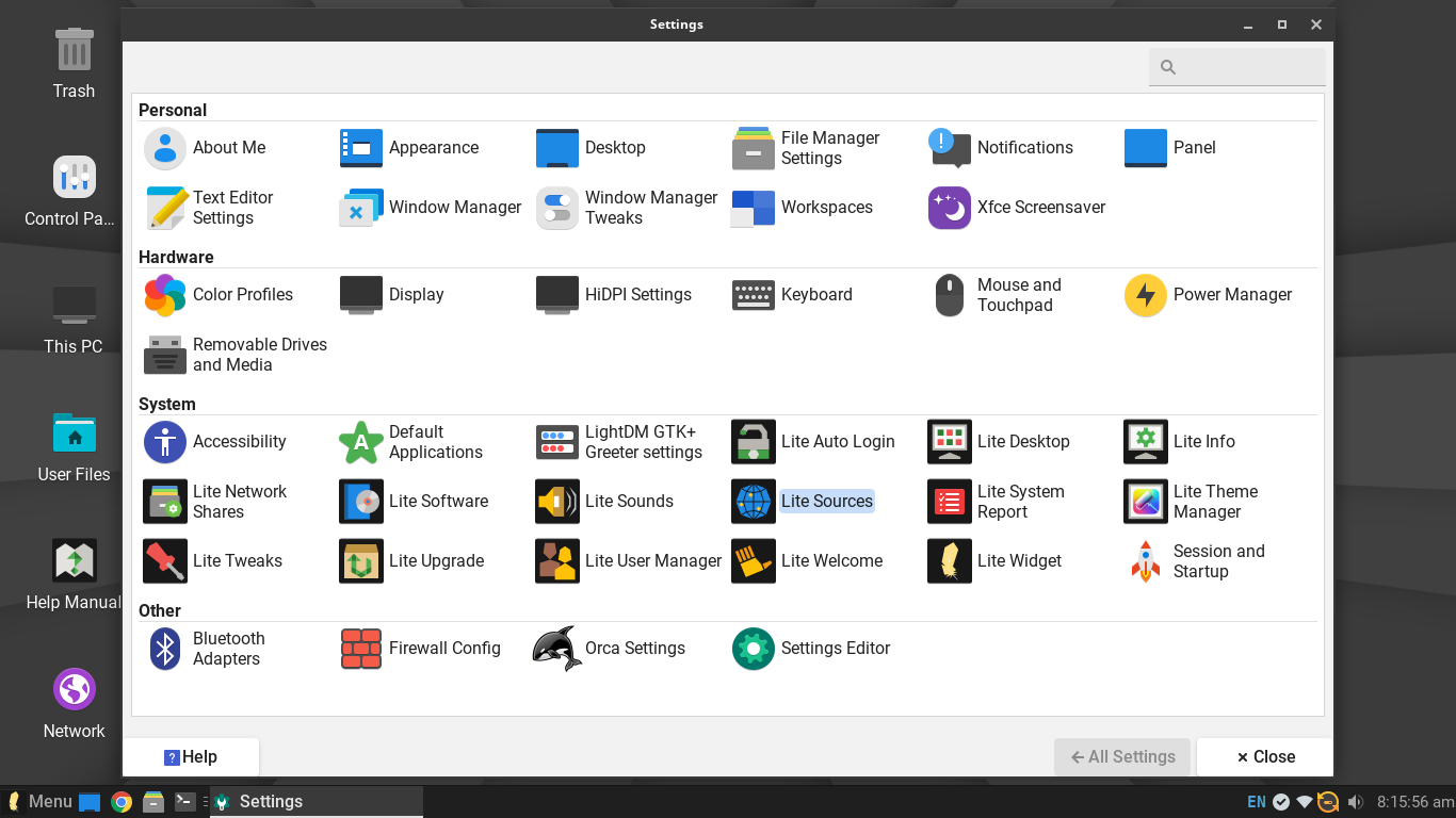Lite desktop screenshot: 7.2 settings with lite apps