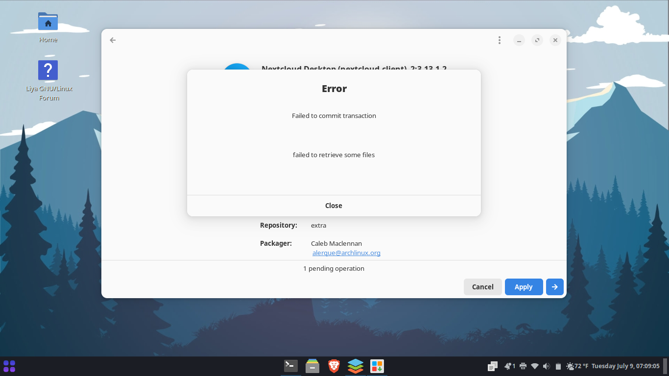 Liya desktop screenshot: 2.0 updatefailed