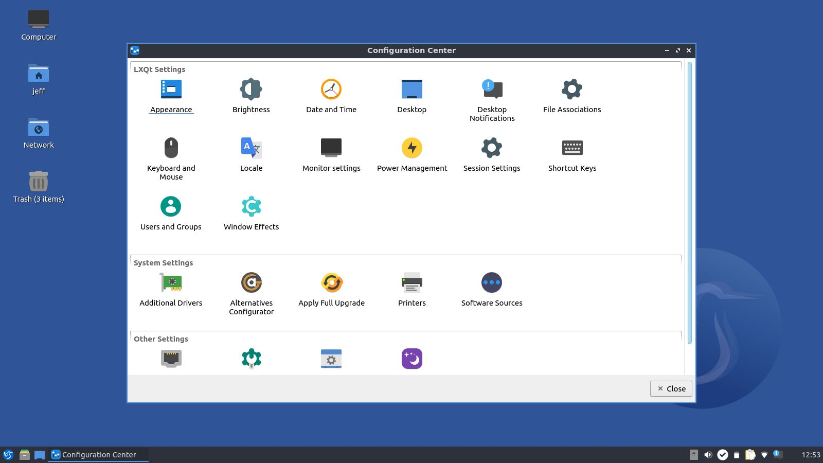 Lubuntu desktop screenshot: 22.10 config center