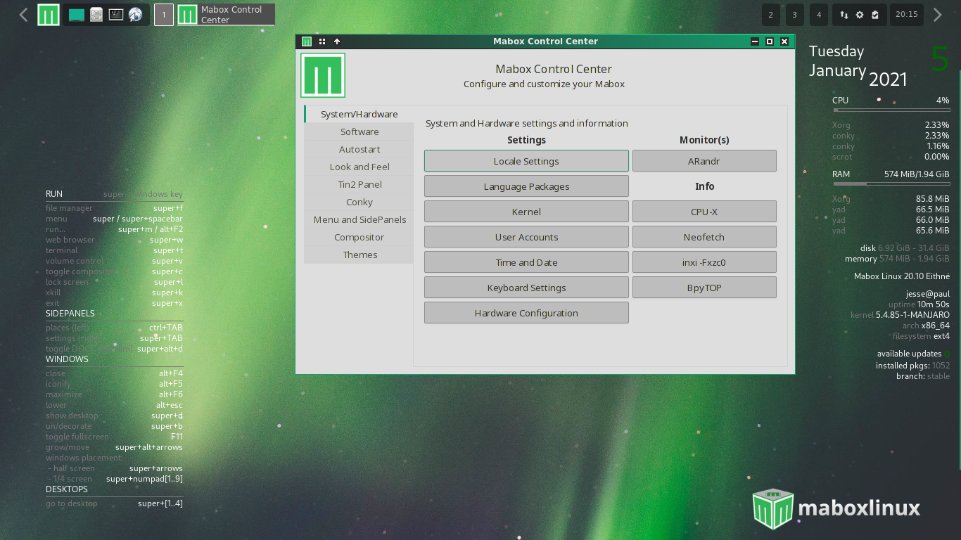Mabox desktop screenshot: 20.10 control center