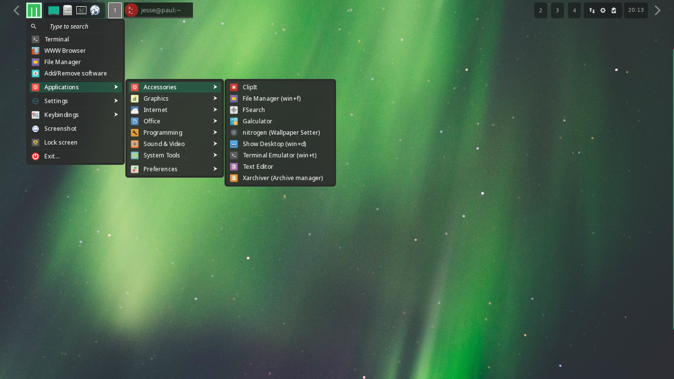 Mabox desktop screenshot: 20.10 menu