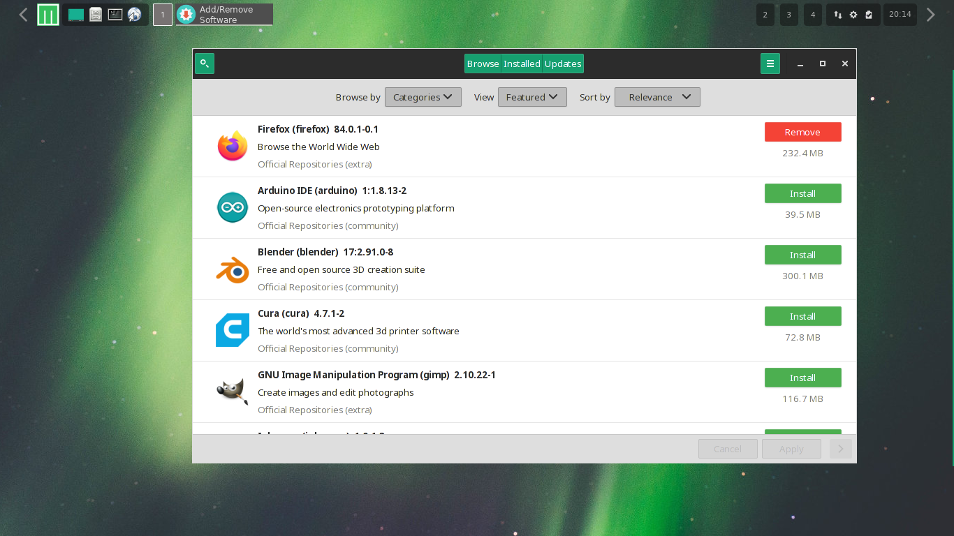 Mabox desktop screenshot: 20.10 pamac
