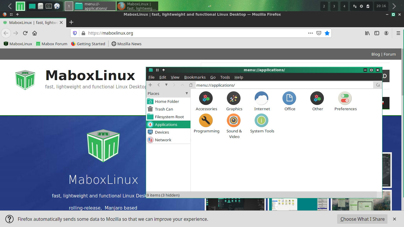Mabox desktop screenshot: 20.10 web file manager