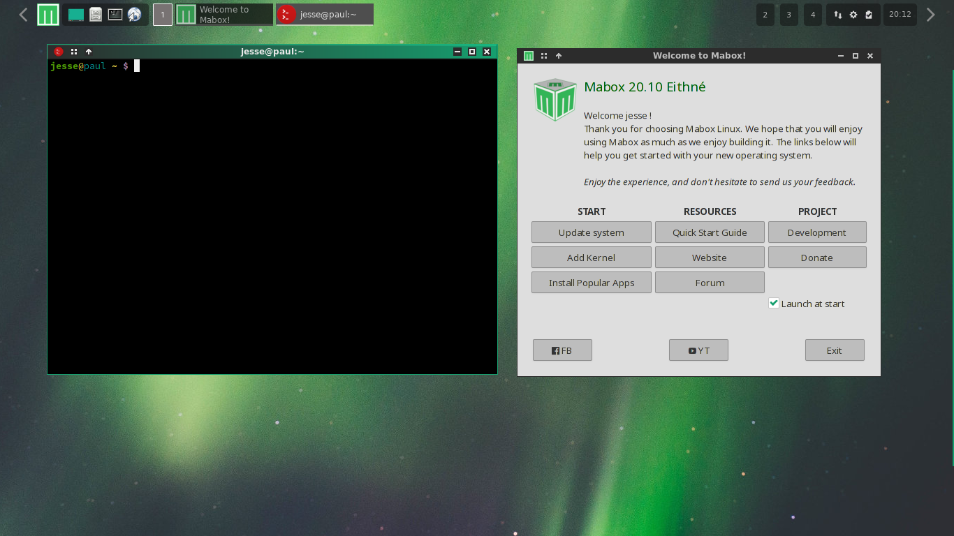 Mabox desktop screenshot: 20.10 welcome
