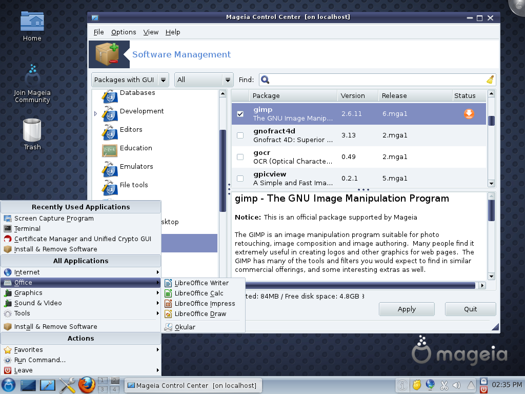 Mageia desktop screenshot: 1 packages
