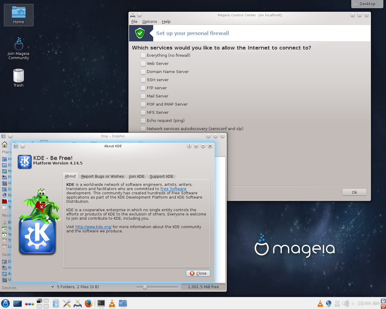 Mageia desktop screenshot: 5 firewall