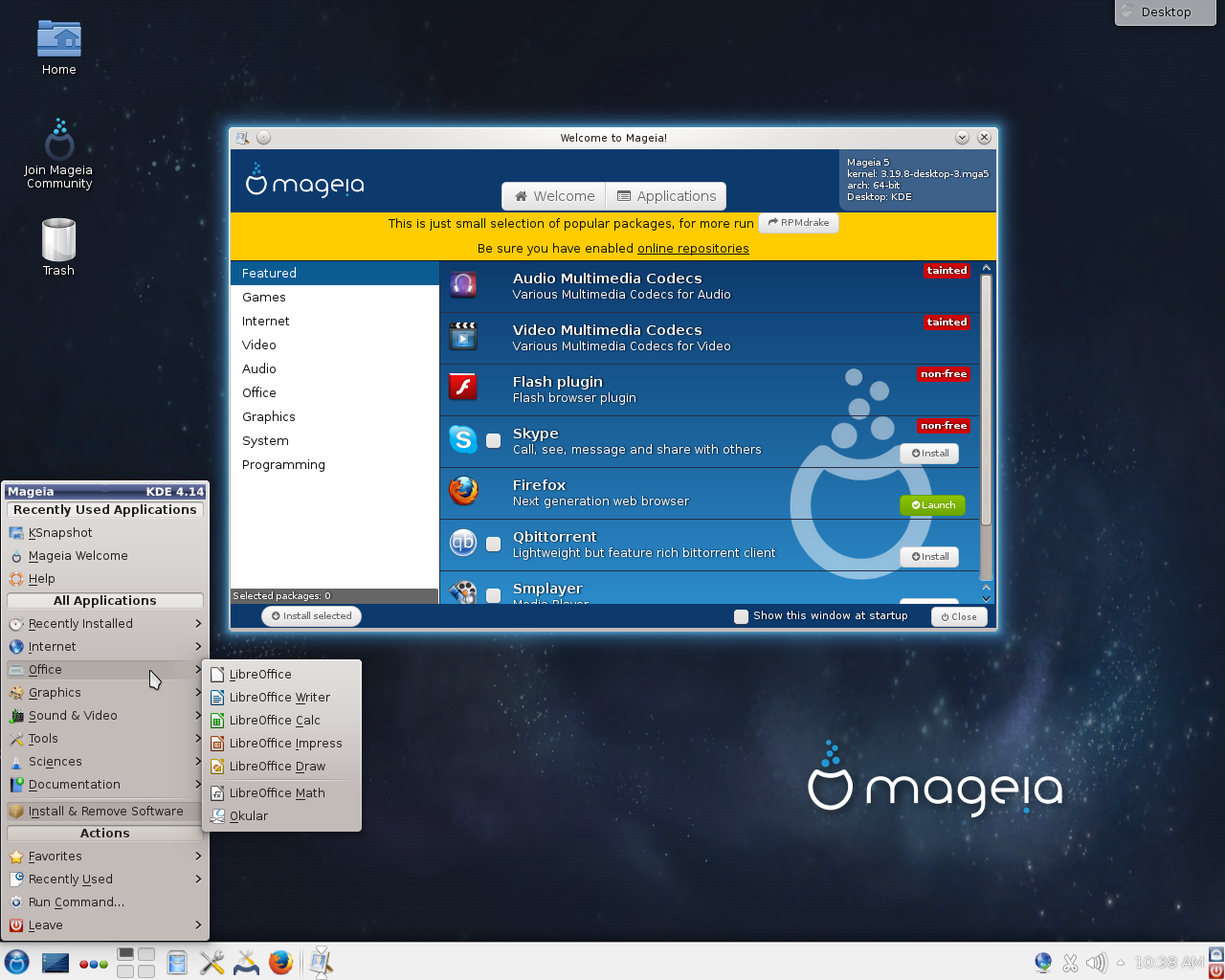 Mageia desktop screenshot: 5 menu