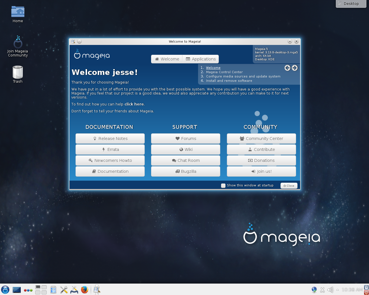 Mageia desktop screenshot: 5 welcome