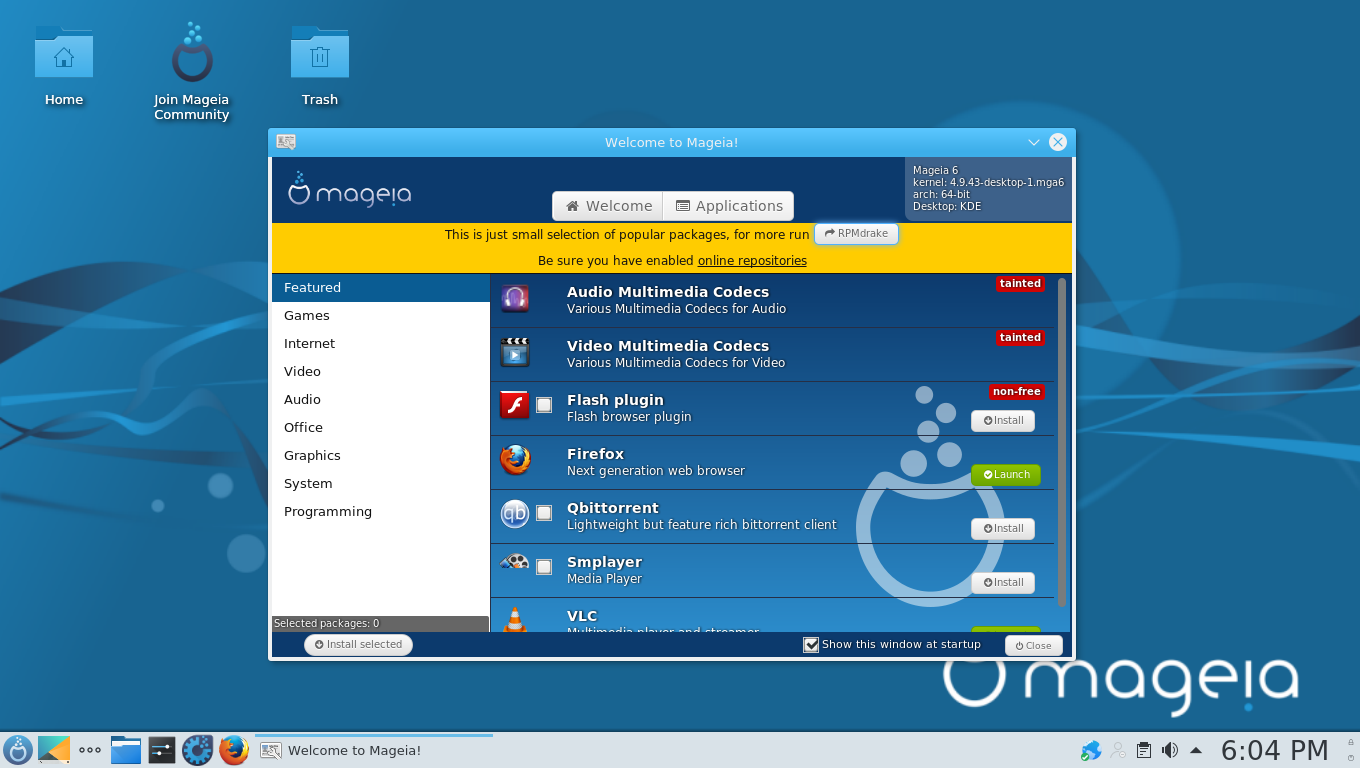 Mageia desktop screenshot: 6 app list