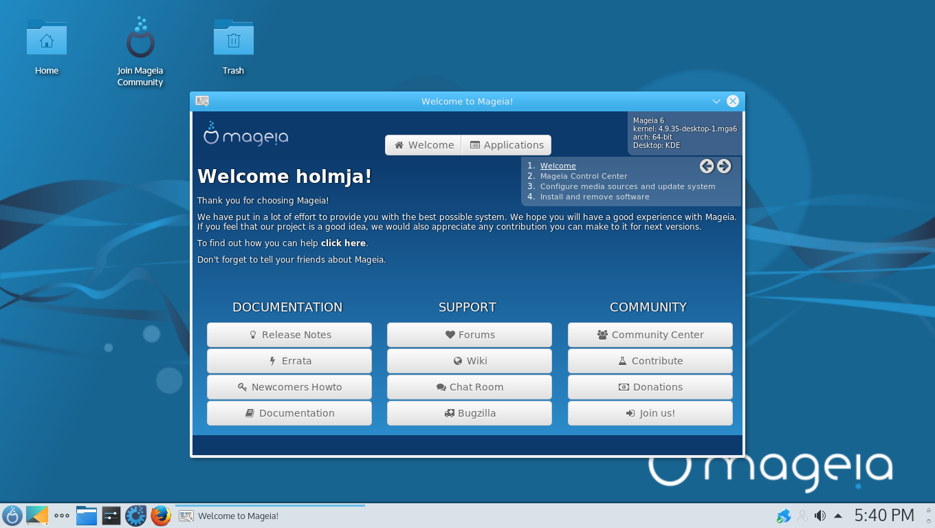 Mageia desktop screenshot: 6 welcome