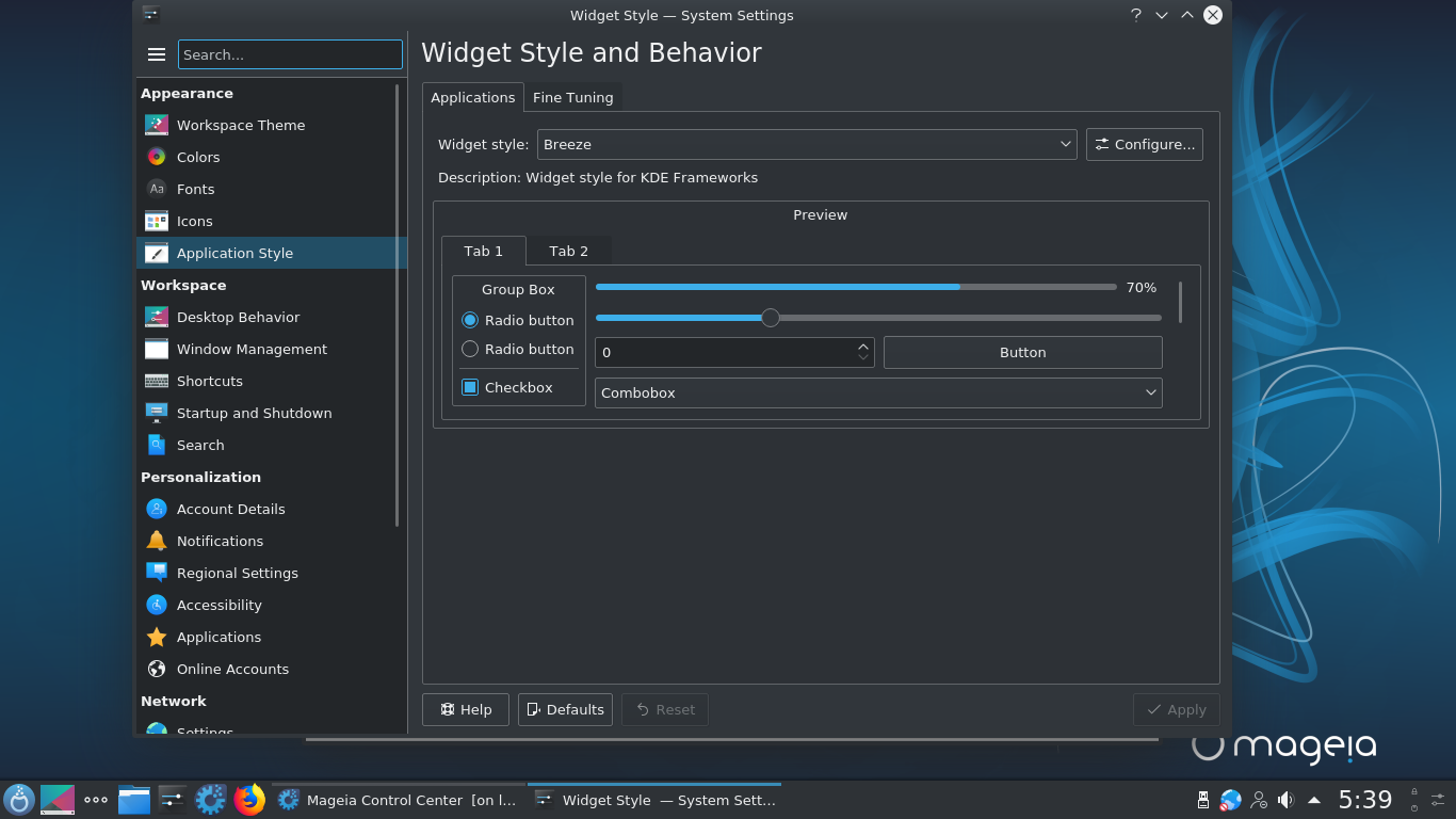 Mageia desktop screenshot: 7 settings dark
