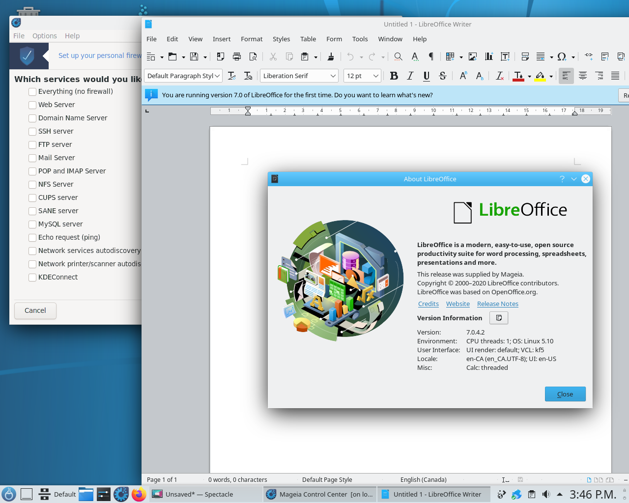 Mageia desktop screenshot: 8 office firewall