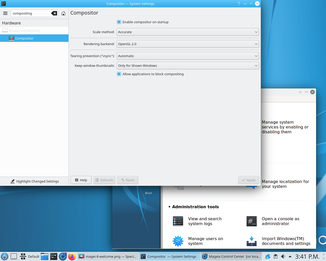 Mageia desktop screenshot: 8 settings