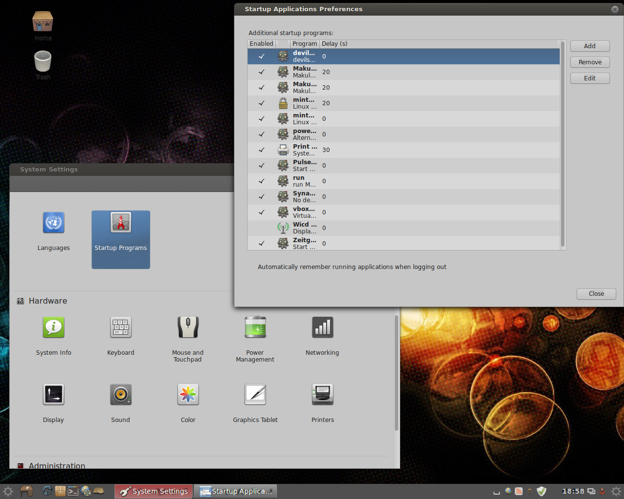 MakuluLinux desktop screenshot: 2.0 settings