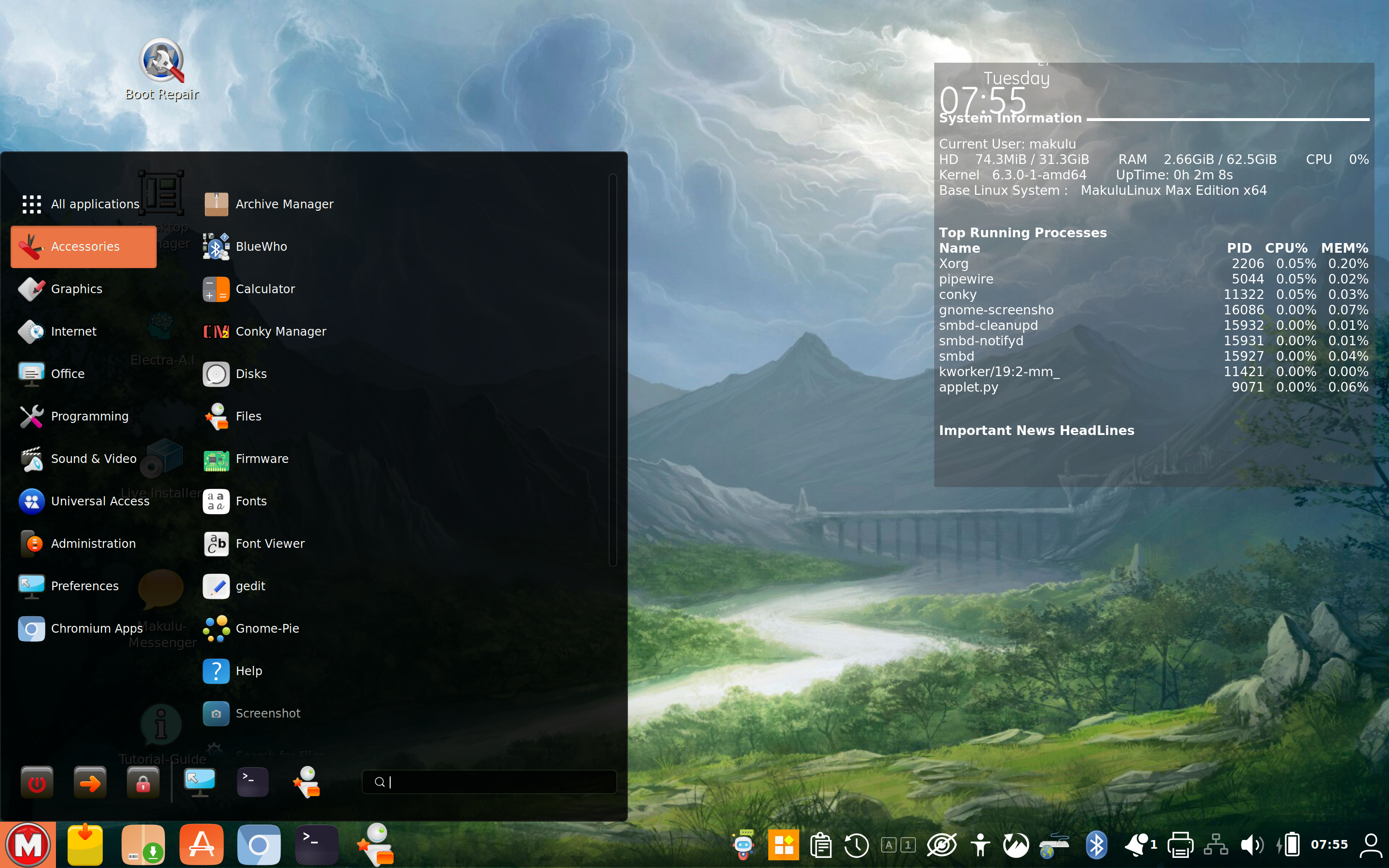 MakuluLinux desktop screenshot: 2024 02 27