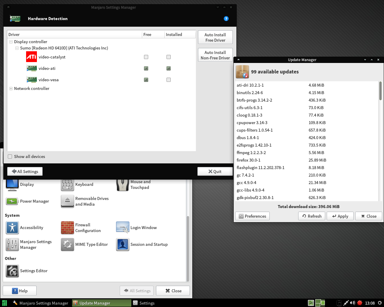 Manjaro desktop screenshot: 0.8.10 hardware