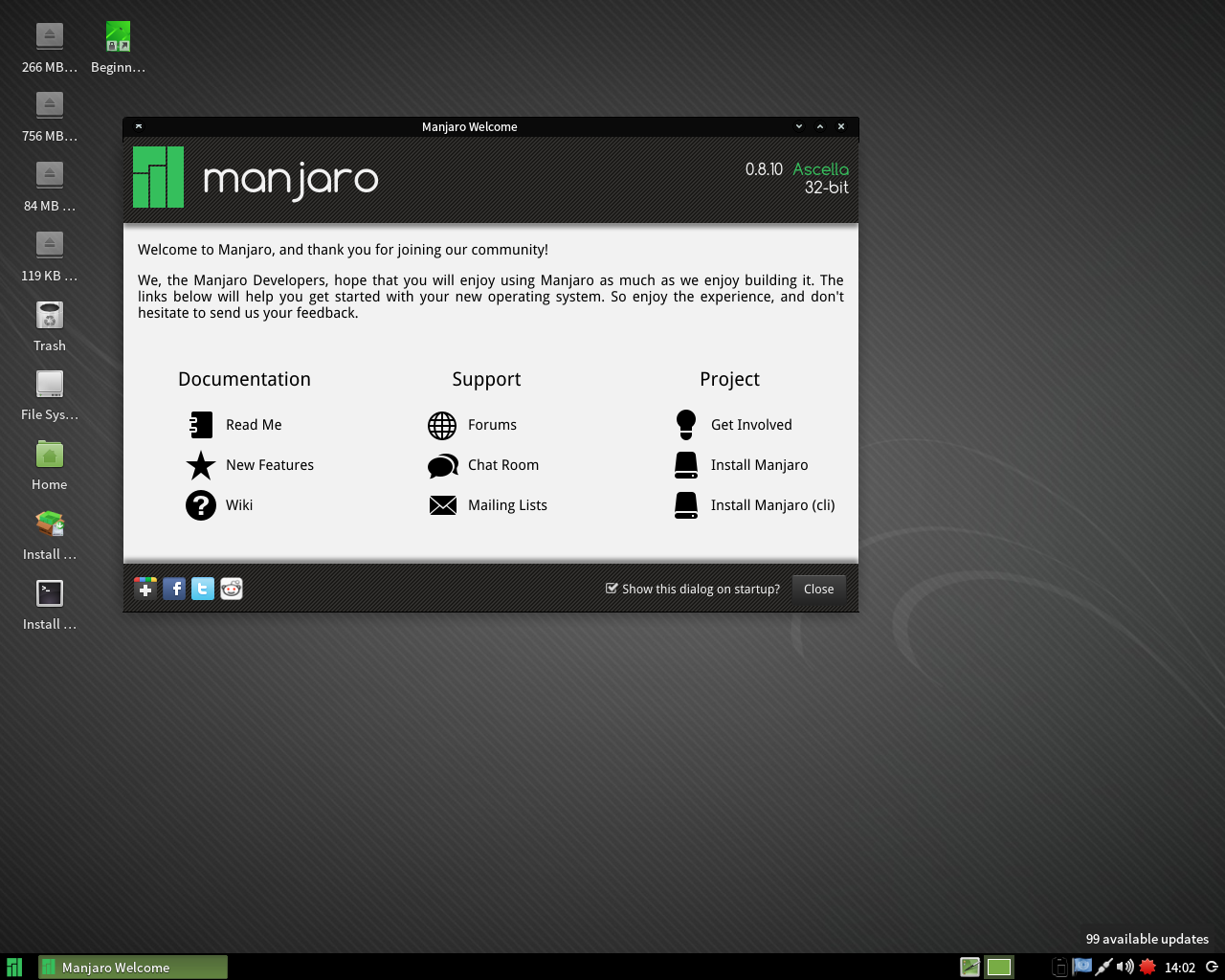 Manjaro desktop screenshot: 0.8.10 welcome