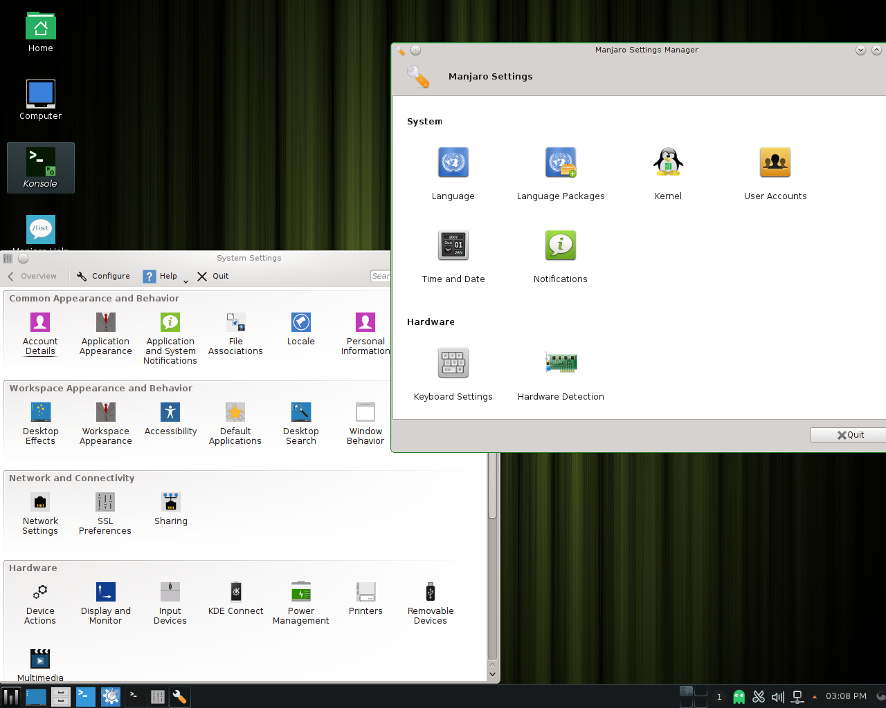 Manjaro desktop screenshot: 0.8.11 settings