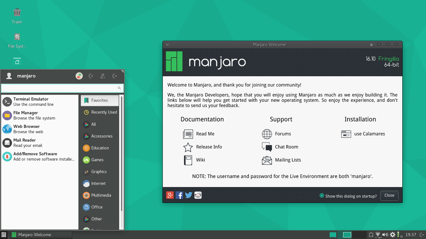 Manjaro desktop screenshot: 16.10